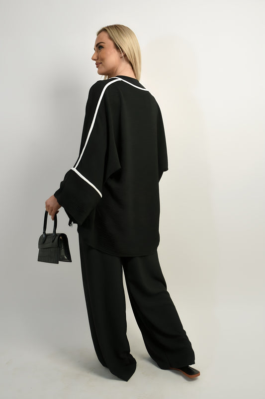 Contrast Trim Oversized Cardigan & Wide Leg Co-ord Set - Black River UK