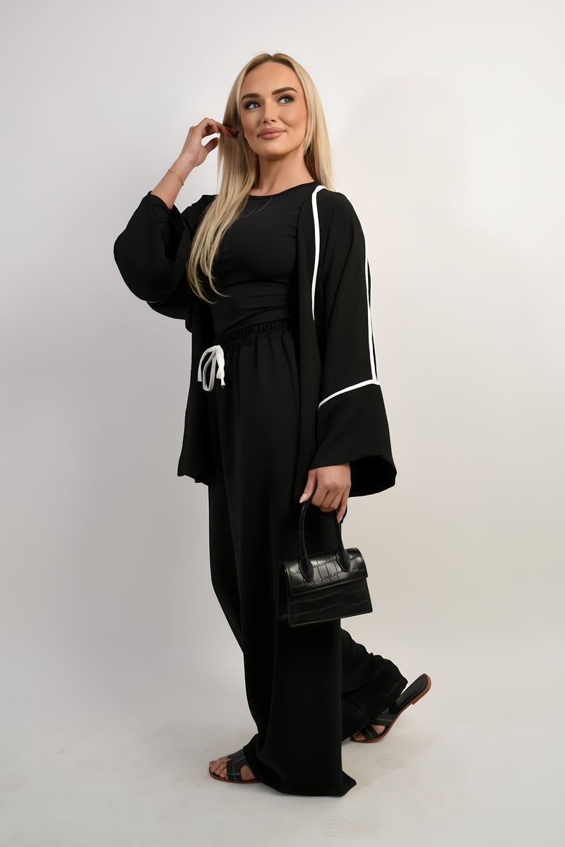 Contrast Trim Oversized Cardigan & Wide Leg Co-ord Set - Black River UK
