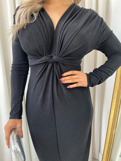 Glitter Twist Front Slit Maxi Dress - Black River UK