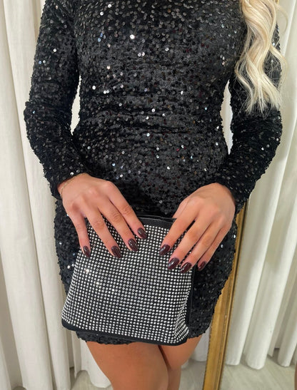 Sequin Long Sleeve Bodycon Mini Dress - Black River UK