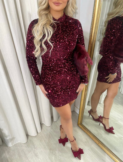 Sequin Long Sleeve Bodycon Mini Dress - Black River UK