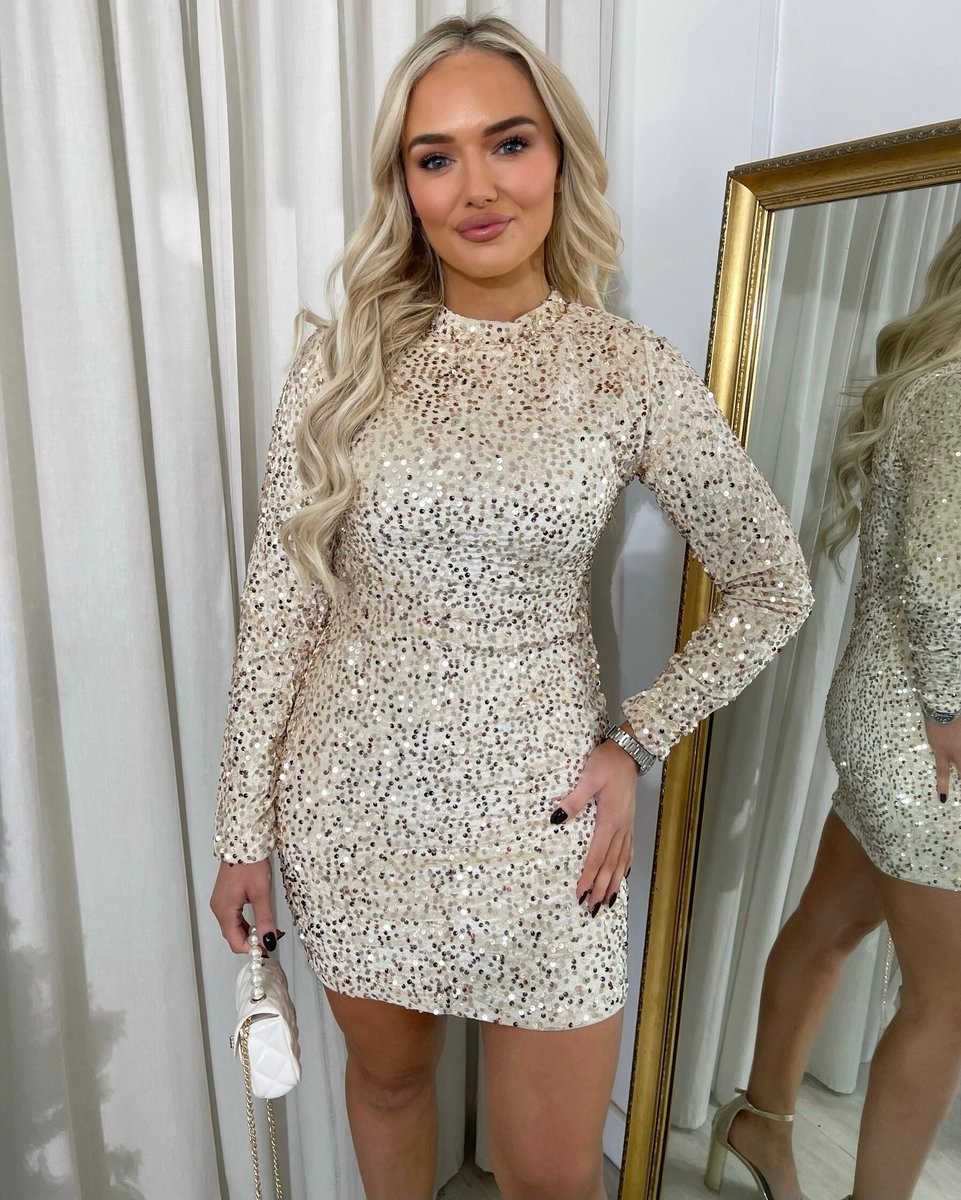 Sequin Long Sleeve Bodycon Mini Dress - Black River UK
