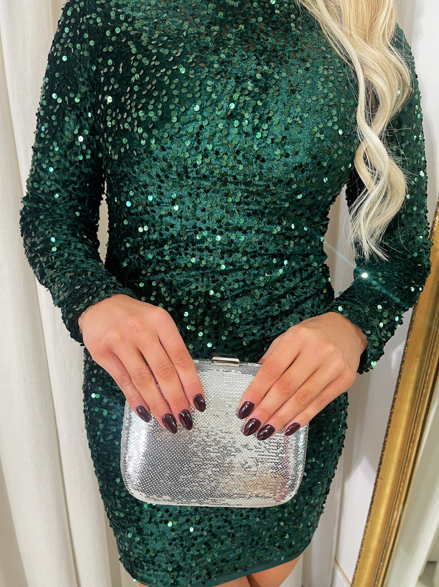 Sequin Long Sleeve Bodycon Mini Dress - Black River UK