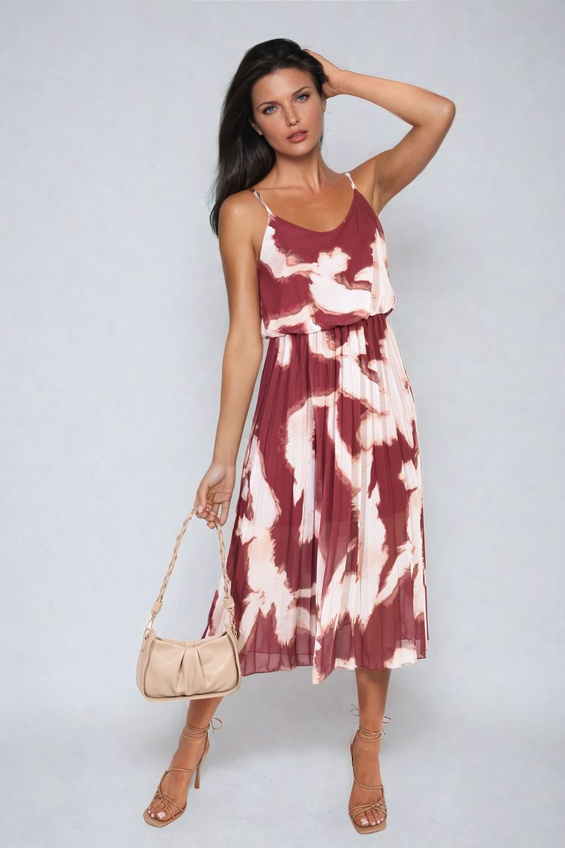 Printed Strappy Pleated Midi Dress - Black River UK
