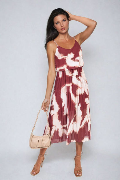 Printed Strappy Pleated Midi Dress - Black River UK