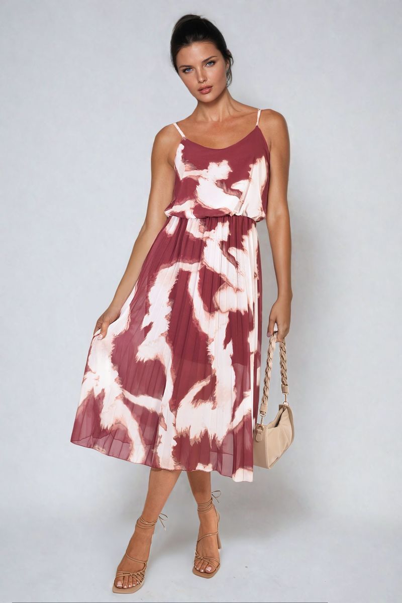 Printed Strappy Pleated Midi Dress - Black River UK