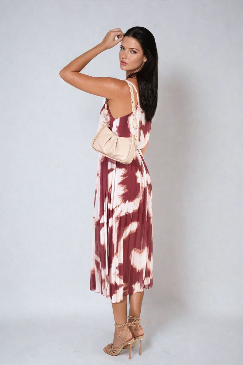 Printed Strappy Pleated Midi Dress - Black River UK