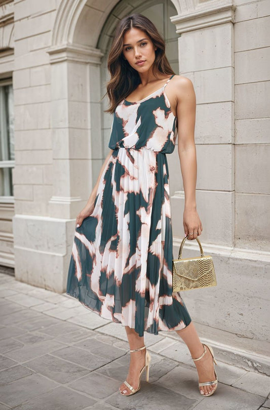 Printed Strappy Pleated Midi Dress - Black River UK