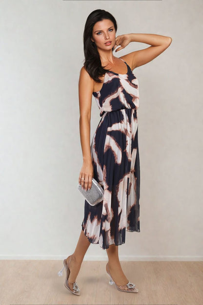 Printed Strappy Pleated Midi Dress - Black River UK