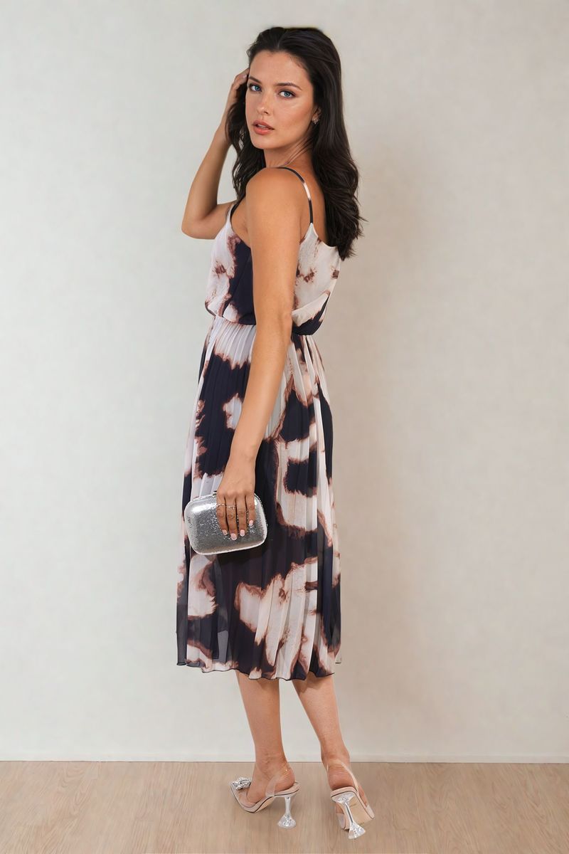 Printed Strappy Pleated Midi Dress - Black River UK