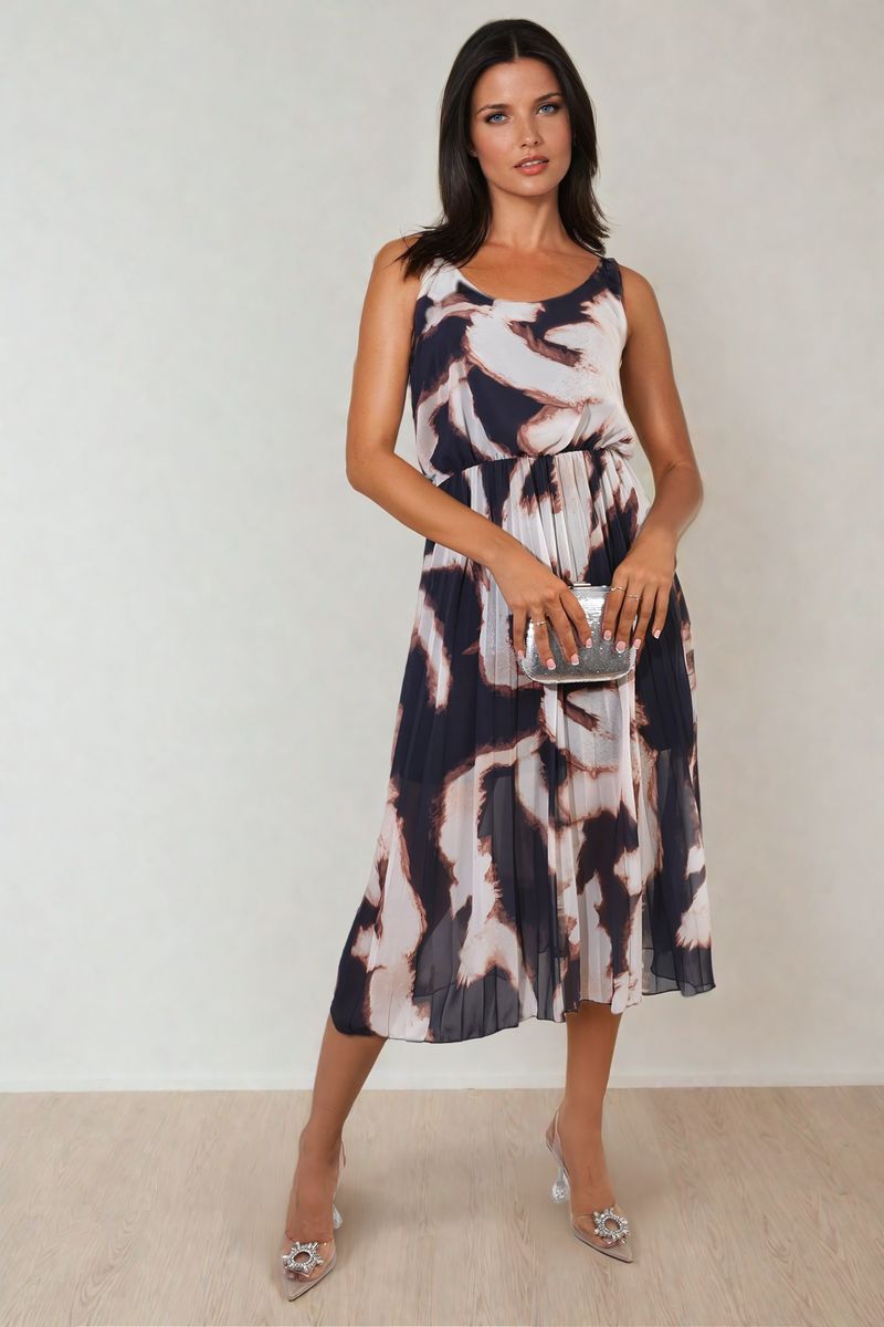 Printed Strappy Pleated Midi Dress - Black River UK