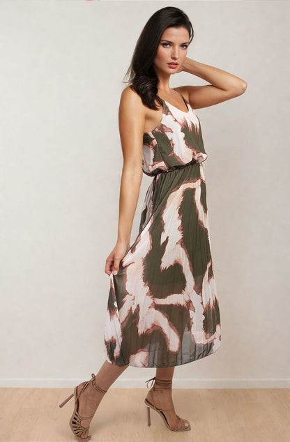 Printed Strappy Pleated Midi Dress - Black River UK