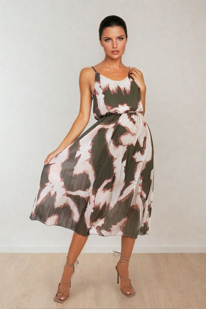 Printed Strappy Pleated Midi Dress - Black River UK