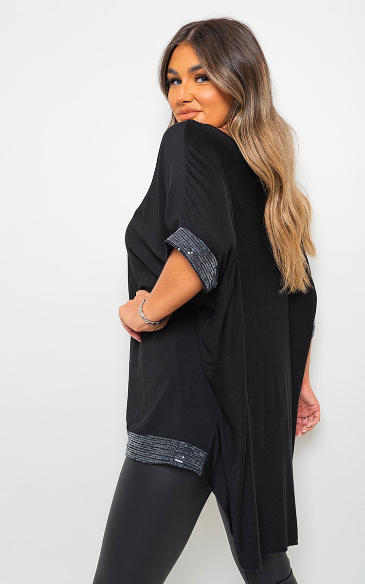 Oversized Sequin Trim Top - Black River UK