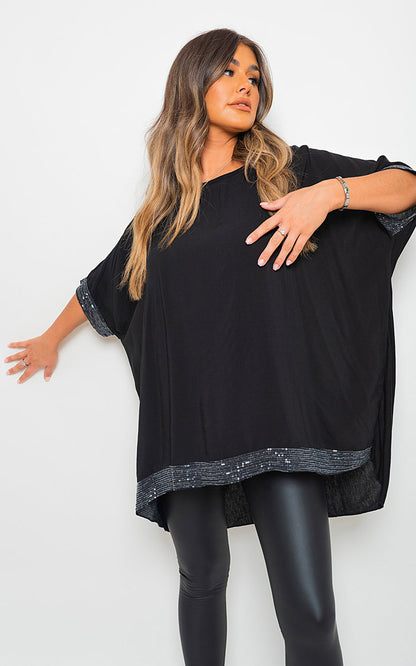 Oversized Sequin Trim Top - Black River UK