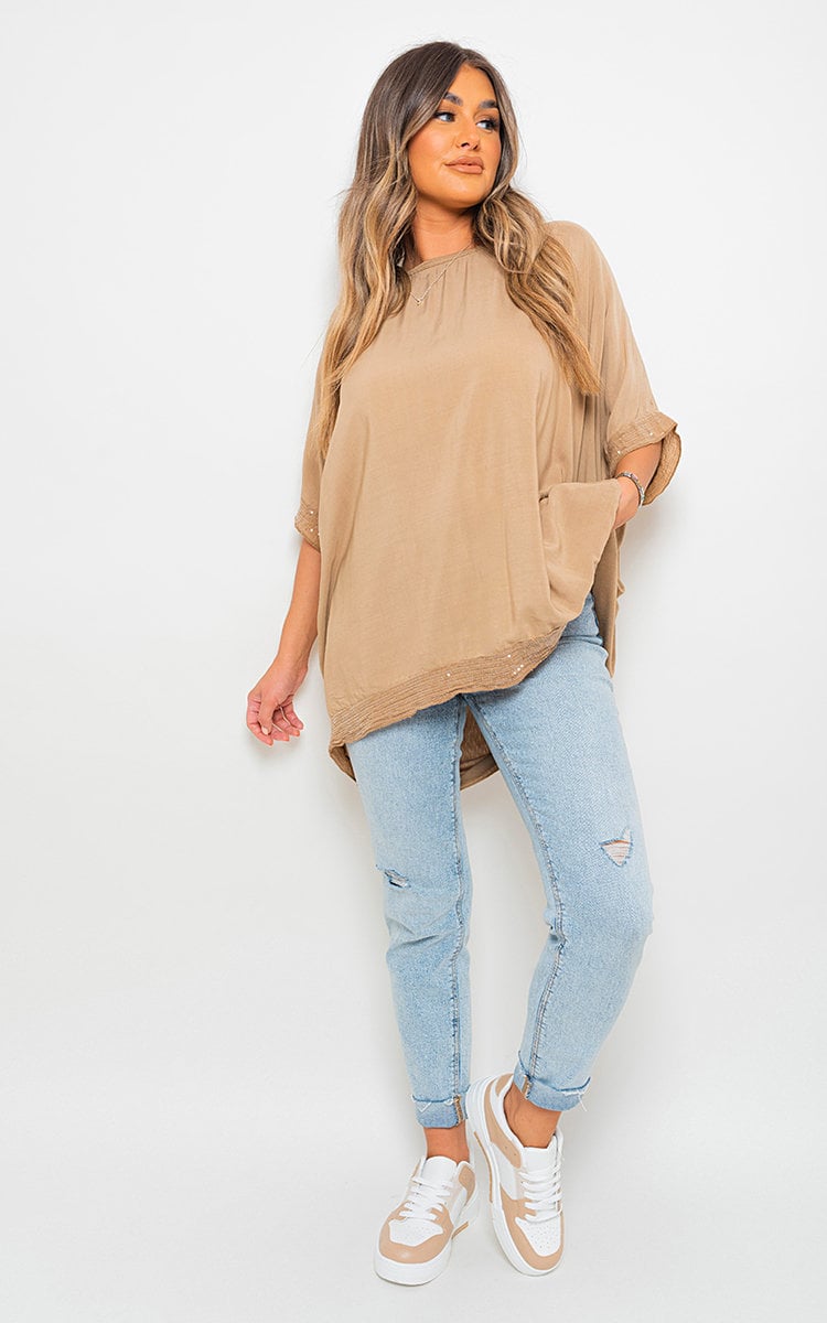 Oversized Sequin Trim Top - Black River UK