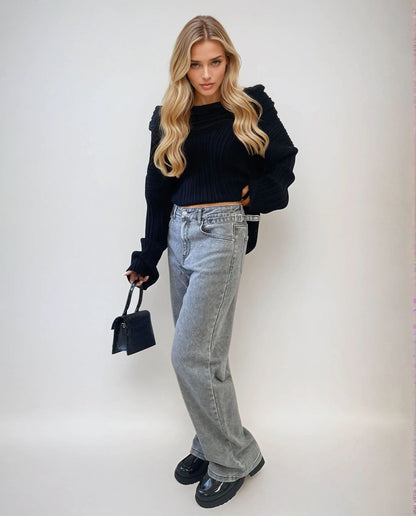 High Waist Loose Leg Jeans - Black River UK