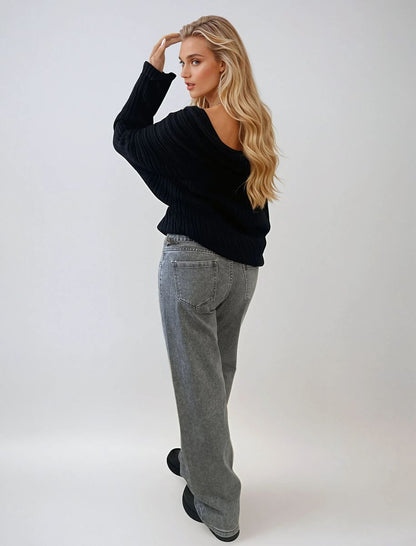 High Waist Loose Leg Jeans - Black River UK