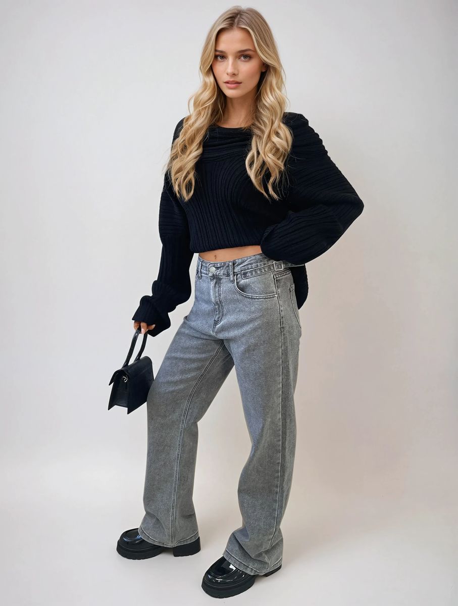 High Waist Loose Leg Jeans - Black River UK