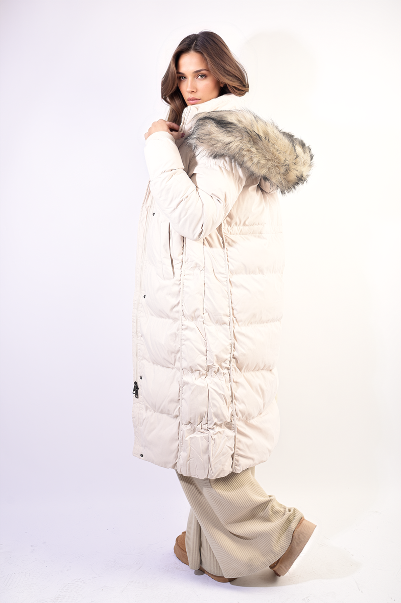 Longline Faux Fur Hooded Puffer Jacket - Black River UK