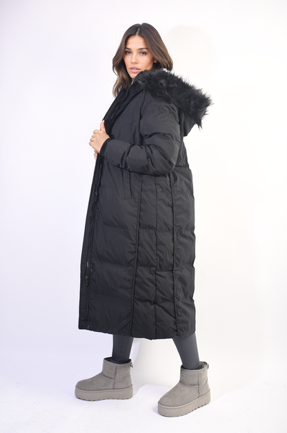 Longline Faux Fur Hooded Puffer Jacket - Black River UK