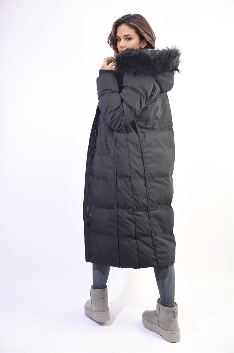 Longline Faux Fur Hooded Puffer Jacket - Black River UK