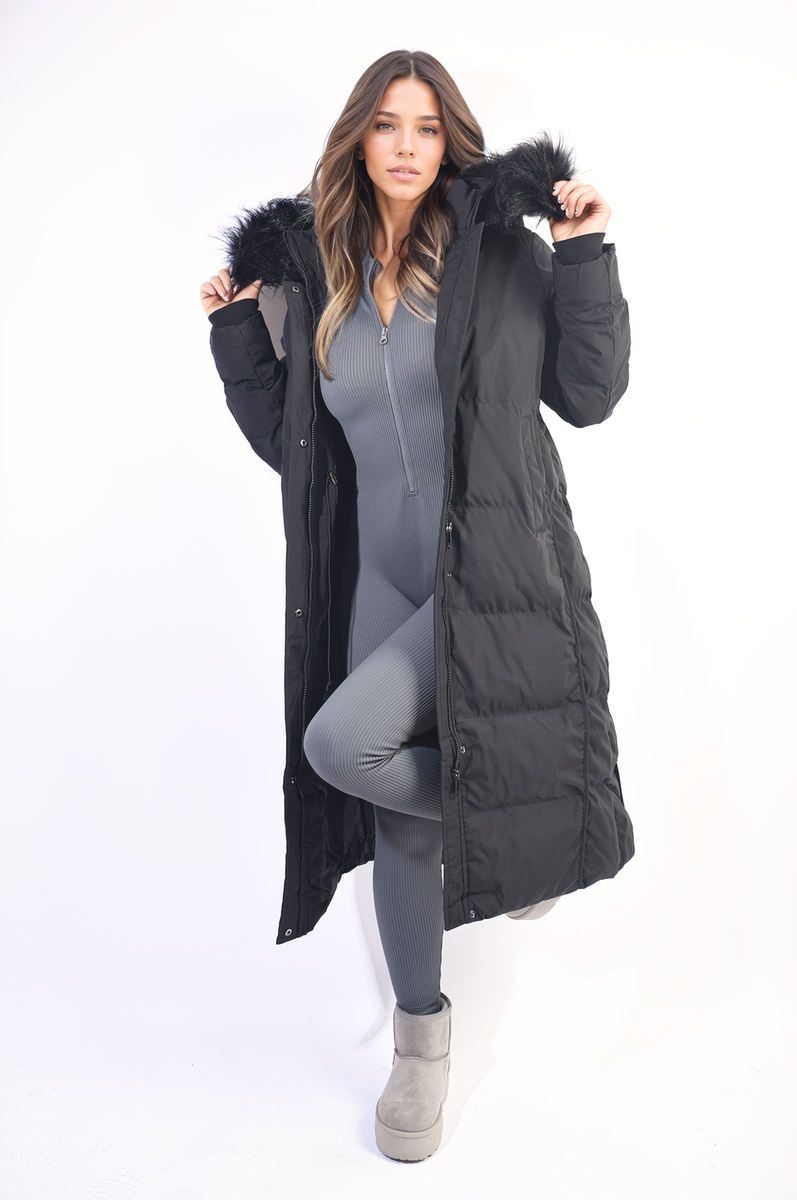 Longline Faux Fur Hooded Puffer Jacket - Black River UK
