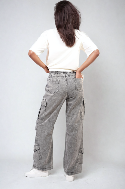 Multi Pockets Drawstring Cargo Jeans - Black River UK