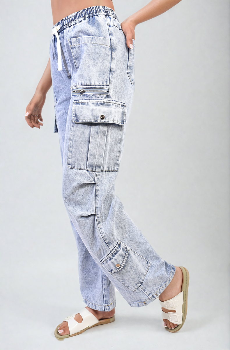 Multi Pockets Drawstring Cargo Jeans - Black River UK