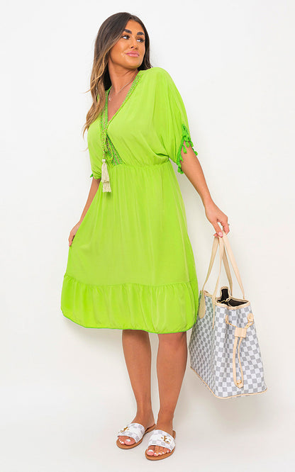 V-Neck Short Sleeve Midi Dress with Tassel Detail - Black River UK
