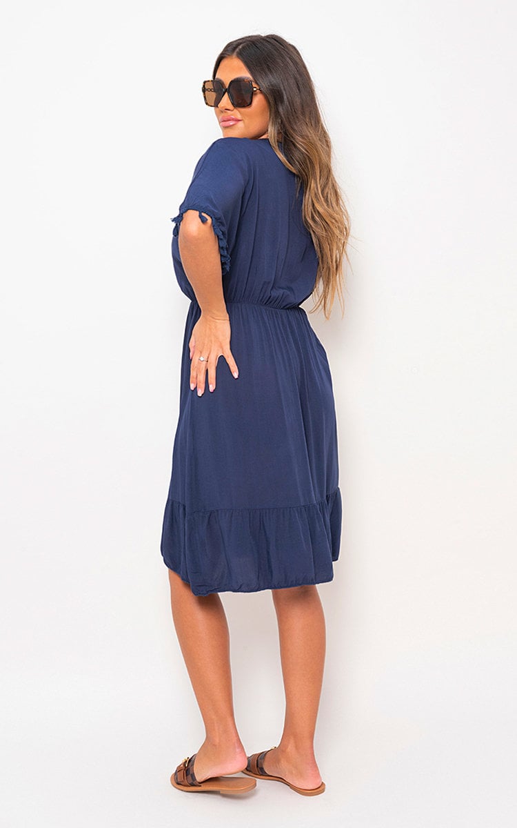 V-Neck Short Sleeve Midi Dress with Tassel Detail - Black River UK