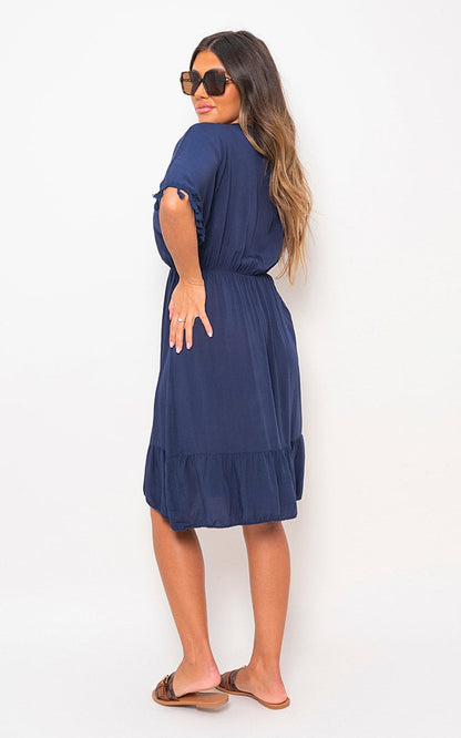 V-Neck Short Sleeve Midi Dress with Tassel Detail - Black River UK