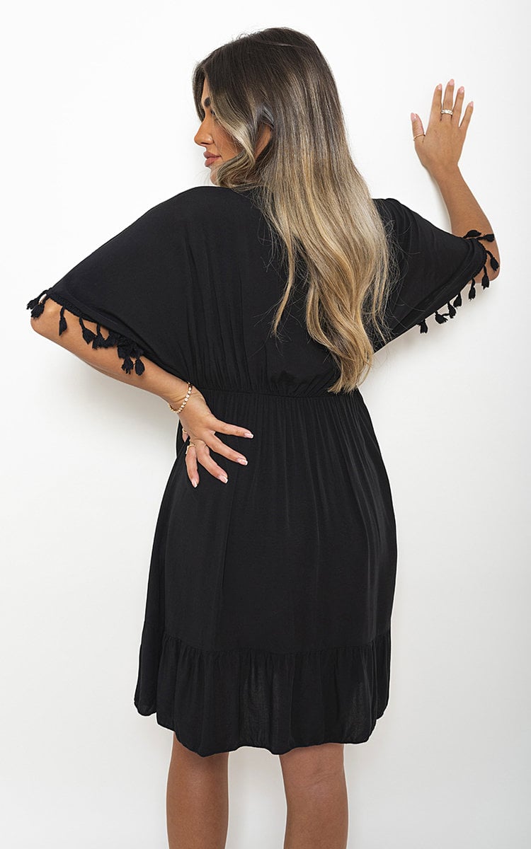 V-Neck Short Sleeve Midi Dress with Tassel Detail - Black River UK