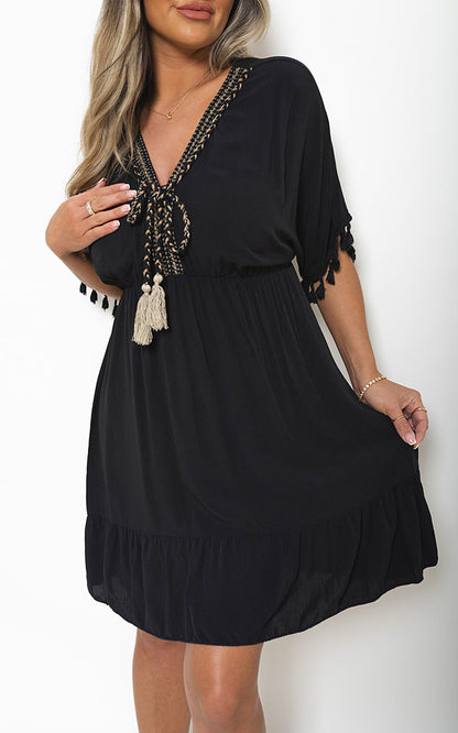 V-Neck Short Sleeve Midi Dress with Tassel Detail - Black River UK