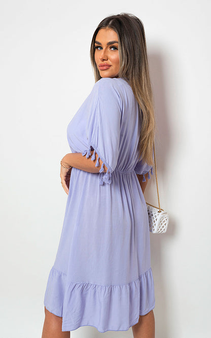V-Neck Short Sleeve Midi Dress with Tassel Detail - Black River UK