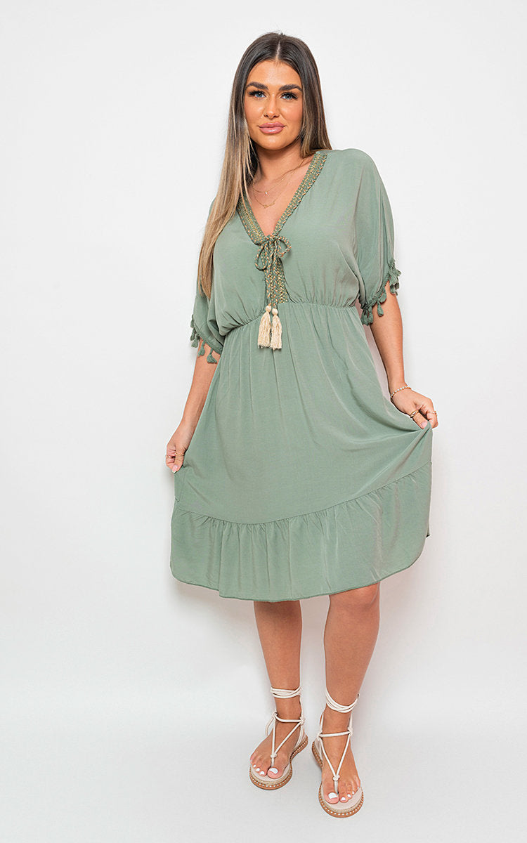 V-Neck Short Sleeve Midi Dress with Tassel Detail - Black River UK
