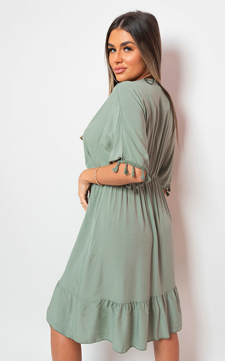 V-Neck Short Sleeve Midi Dress with Tassel Detail - Black River UK
