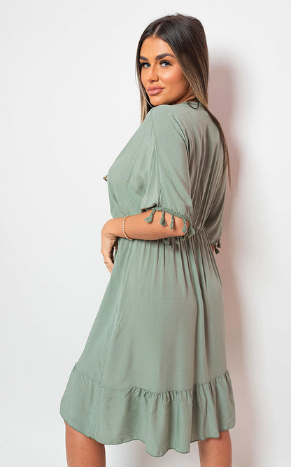 V-Neck Short Sleeve Midi Dress with Tassel Detail - Black River UK