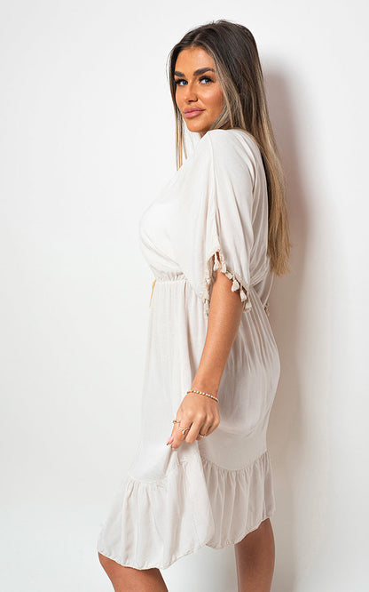 V-Neck Short Sleeve Midi Dress with Tassel Detail - Black River UK