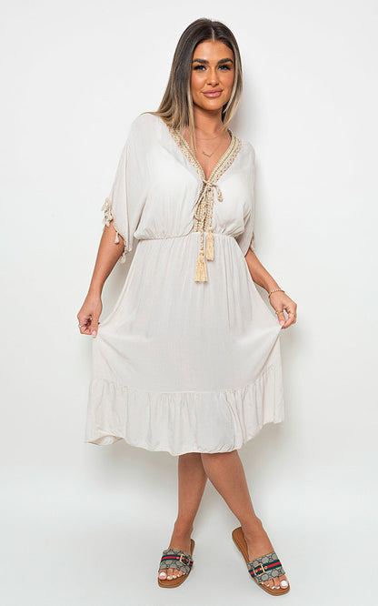 V-Neck Short Sleeve Midi Dress with Tassel Detail - Black River UK