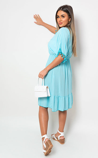 V-Neck Short Sleeve Midi Dress with Tassel Detail - Black River UK