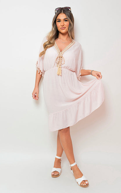 V-Neck Short Sleeve Midi Dress with Tassel Detail - Black River UK