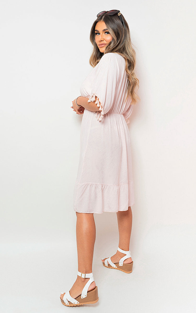 V-Neck Short Sleeve Midi Dress with Tassel Detail - Black River UK