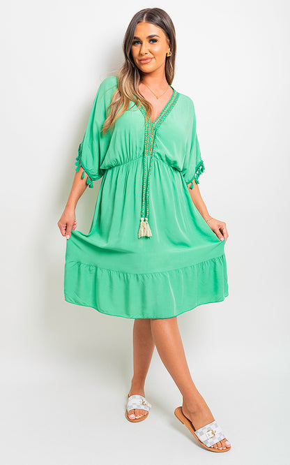 V-Neck Short Sleeve Midi Dress with Tassel Detail - Black River UK