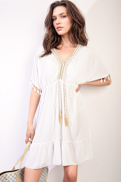 V-Neck Short Sleeve Midi Dress with Tassel Detail - Black River UK