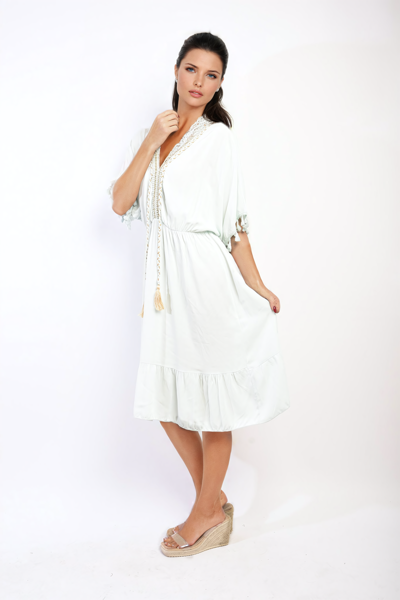 V-Neck Short Sleeve Midi Dress with Tassel Detail - Black River UK