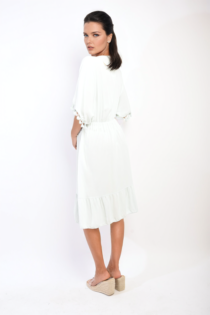 V-Neck Short Sleeve Midi Dress with Tassel Detail - Black River UK