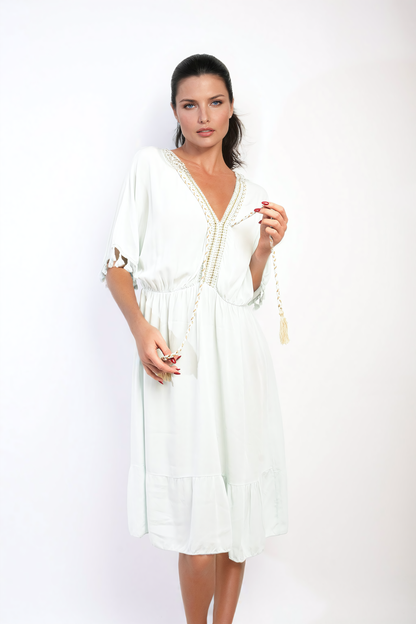 V-Neck Short Sleeve Midi Dress with Tassel Detail - Black River UK