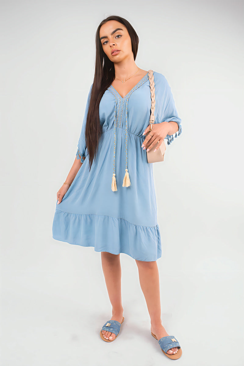 V-Neck Short Sleeve Midi Dress with Tassel Detail - Black River UK