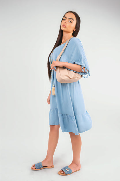 V-Neck Short Sleeve Midi Dress with Tassel Detail - Black River UK